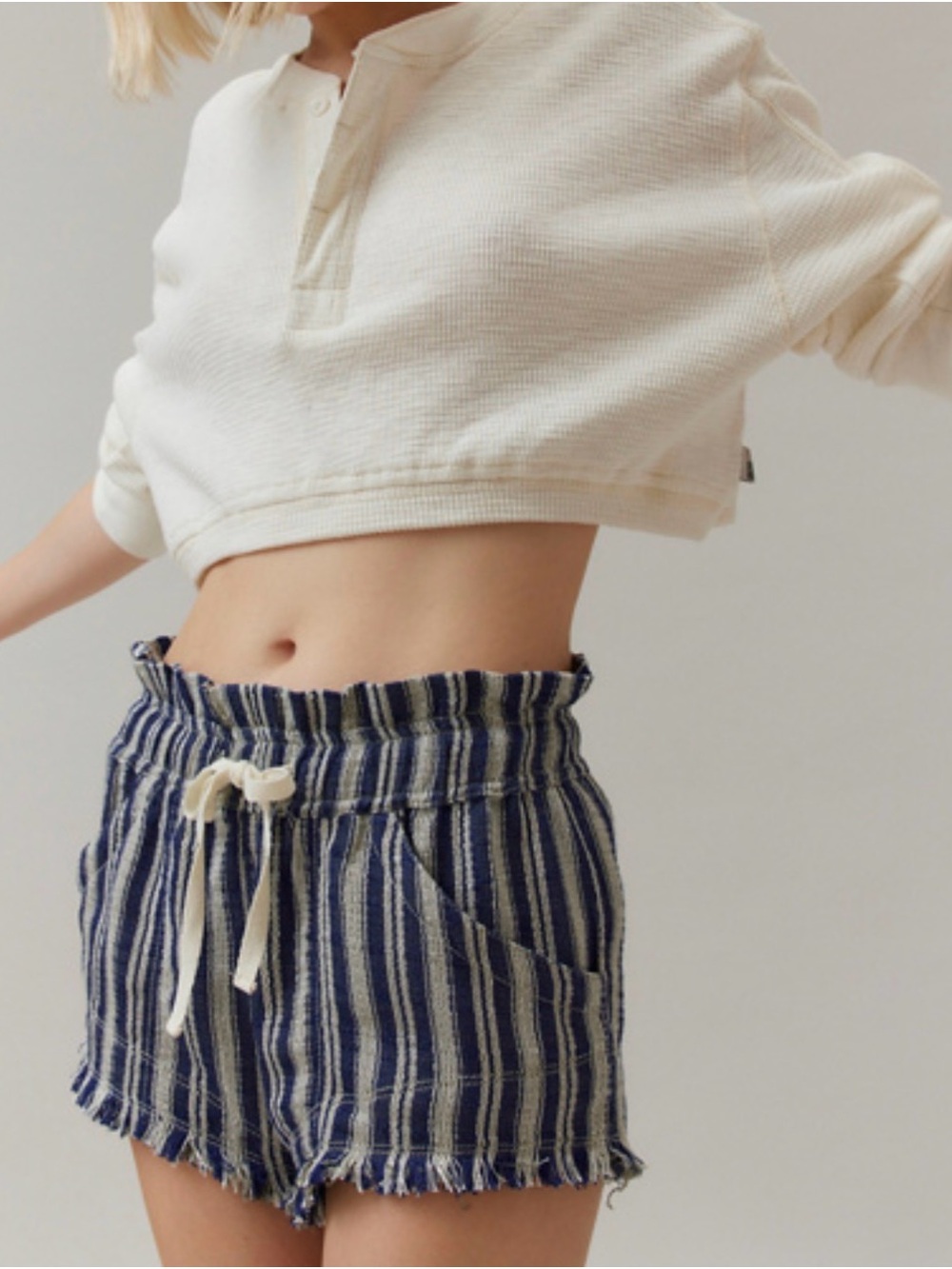 BDG Navy and White Striped Frayed Hem Paper Bag Micro Shorts